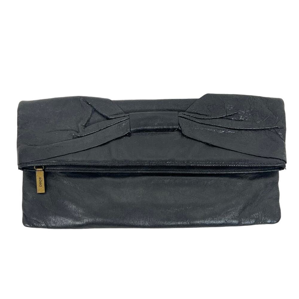 Hobo International Bowtie Fold Over Leather Clutch Bag Black Gold Tone